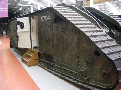 WW1 British tanks
The Mark I was a rhomboid vehicle with a low centre of gravity and long track length, able to negotiate broken ground and cross trenches. Main armament was carried in sponsons on the hull sides. The hull was undivided internally; the crew shared the same space as the engine.
